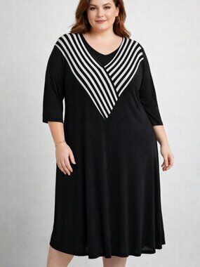 Bottlette Black T-Shirt Dress with White stripes at Neckline